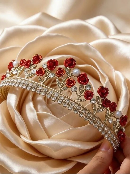 Gold Tiara with Red Rose Accents and Pearls