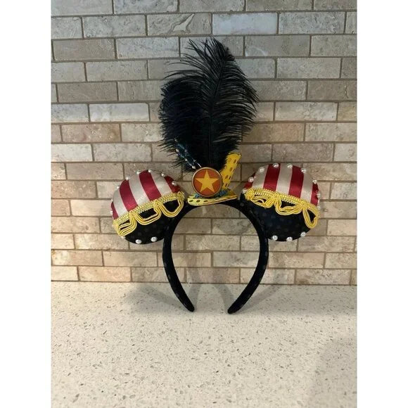Vintage Disney‎ Mickey Mouse Ears Band Director Headband Feather Pearls Disney