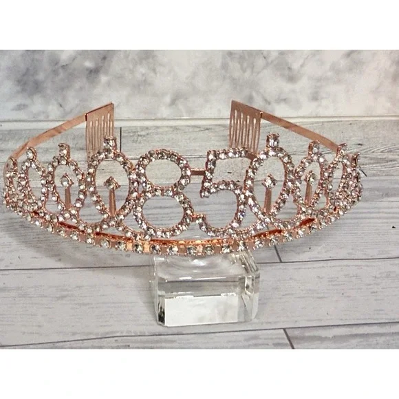 Rose Gold Metal Rhinestone Happy 85th Birthday Tiara Crown Outfit Accessory NWOT