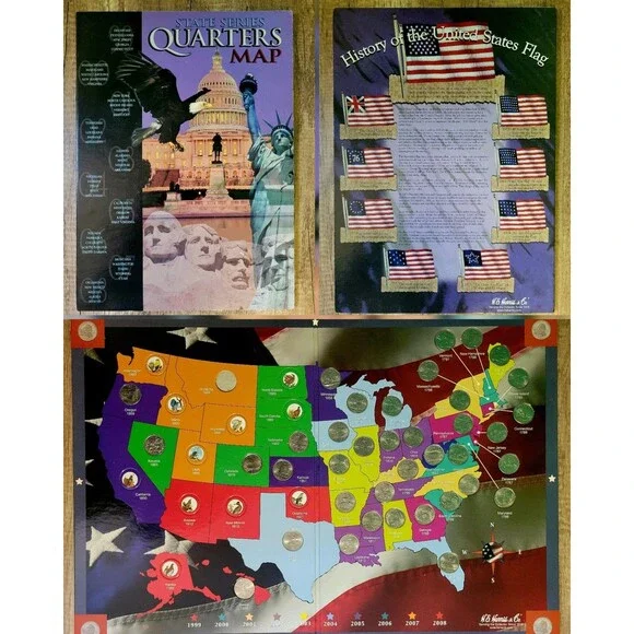 H.E. Harris & Co. State Series Quarters Collectors Map Near Complete (38 of 50)