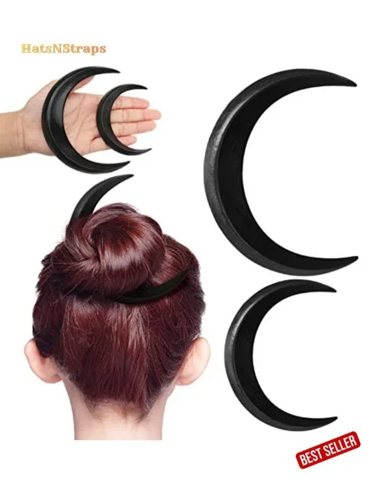 Hand Carved Wood Moon Hair Fork, Set of 2, Hair Styling Pins for Bun