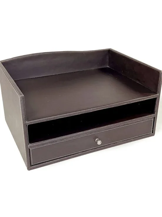 Brown Leather Multi-Tier Desk Organizer