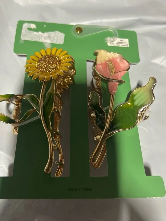 Floral Enamel Hair Clips Set - Yellow Sunflower & Pink Calla Lily