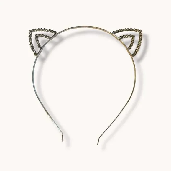 Rhinestone Double Cat Ear Metal Headband Silver Tone One Size