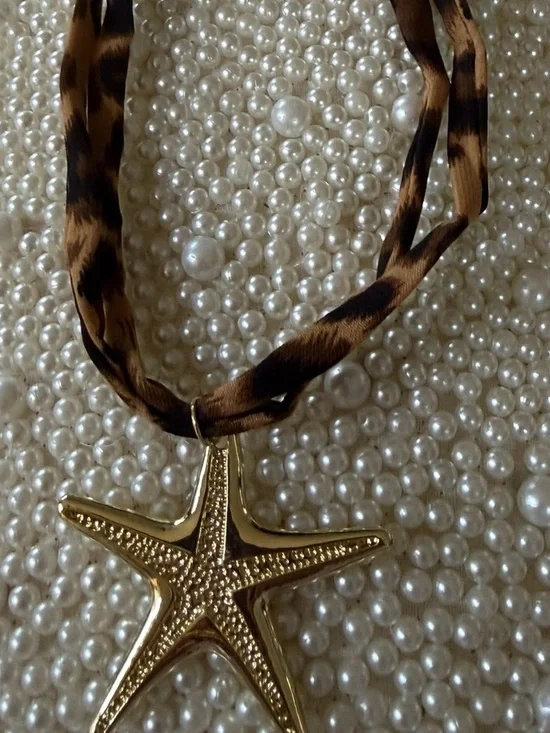 Gold Starfish Scarf with Leopard Print Tie Necklace