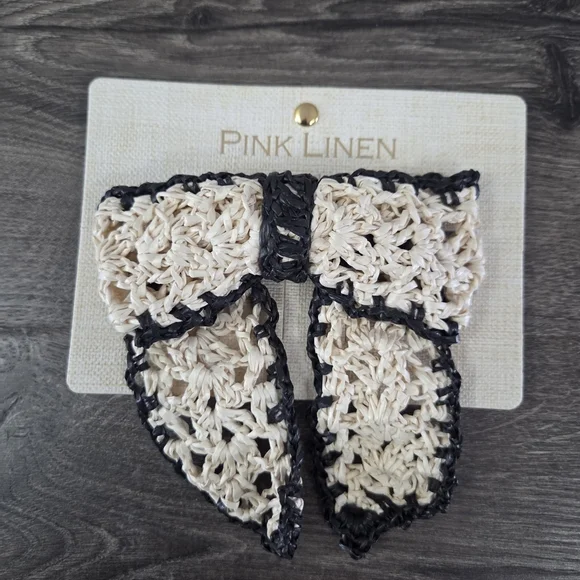Pink Linen Black and Cream Hair Bow NEW