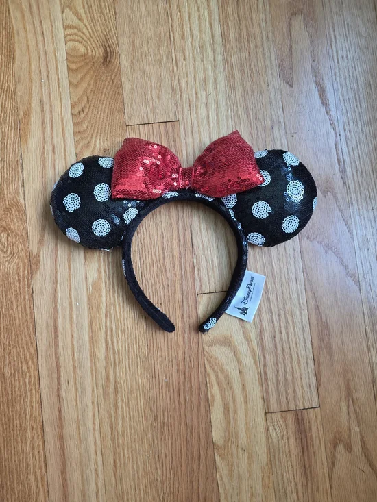 Disney Black Sequin Polka Dot Minnie Ears Headband with Red Bow