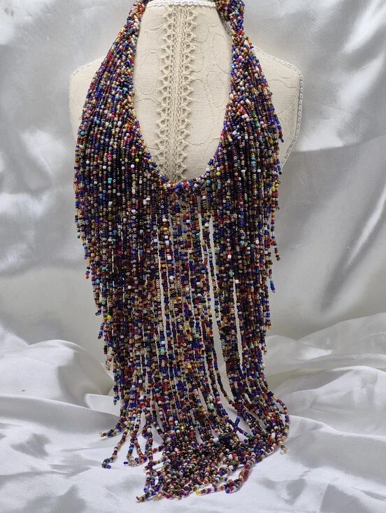 Kenyan Massai Multicolor Beaded Fringe Choker Statement Necklace