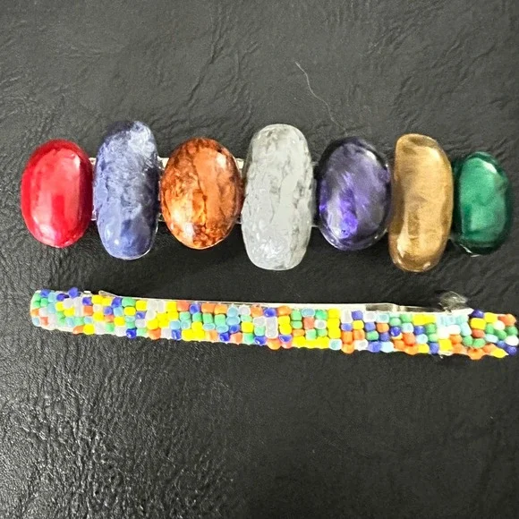 Vintage Multi Color Cabochon & Seed‎ Bead Hair Barrette Clip Set 3 Inch Eclectic
