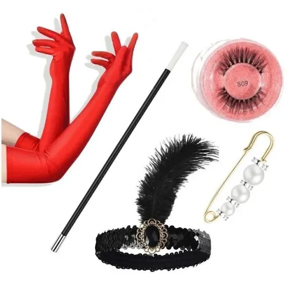 ❤️✨ 5PCS 1920s Red Accessories Flapper Great Gatsby Retro Costume Set NEW