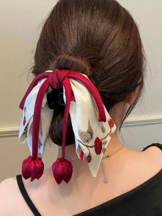 Red & Cream Floral Bow Hair Scarf with Pom-Tip Ties