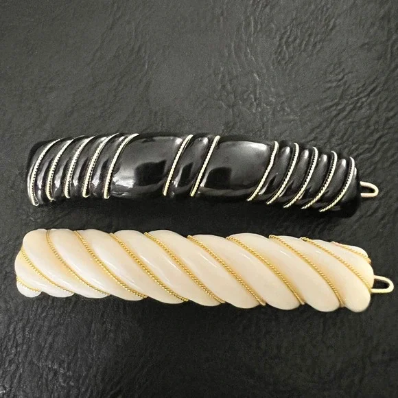 Vintage Twisted Resin Hair Barrette‎ Set Black Cream Gold Tone 3.5