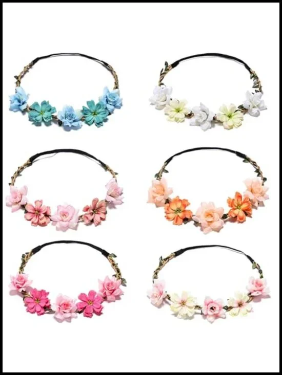 Boho Floral Crown Headbands, 6 Pack Silk Flowers, Adjustable Wedding & Festival