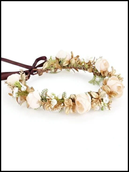 Fairy White Flower Crown Gold Green Woodland Headband Boho Bridal
