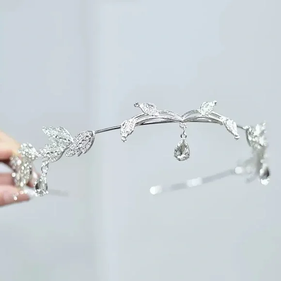 Silver Crystal Leaf Tiara Headband