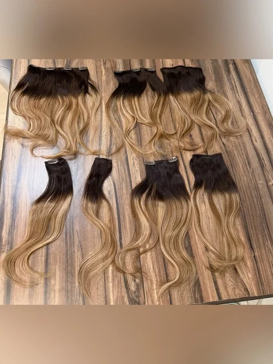 Laa Voo Clip-In Wavy 100% Human Hair blond Brown balayage 15-17 inch 7 Piece