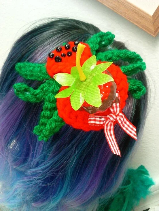 Crocheted Chocolate Covered Strawberry Themed Spider Clip