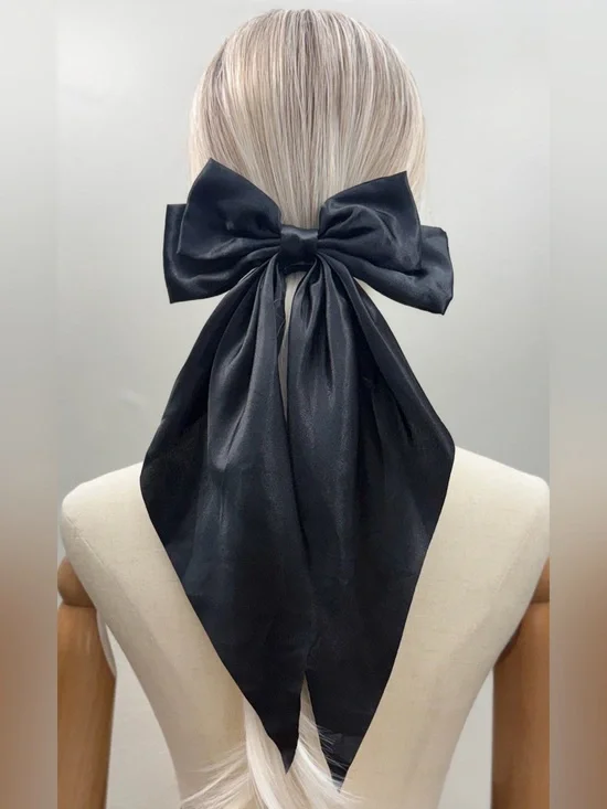 New Oversized Black Satin Bow Hair Barrette Long Tail Statement Clip