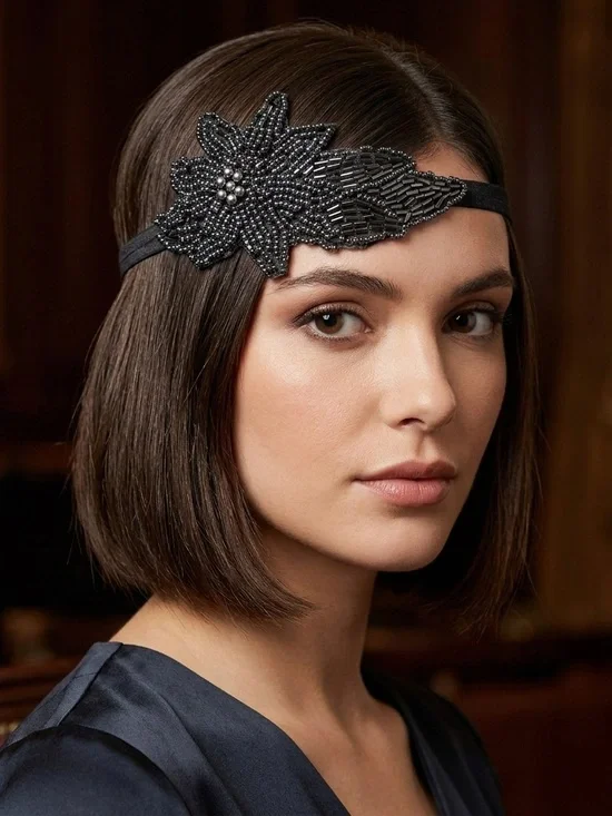 Art Deco Elegance: Midnight Beaded Floral Flapper Headband