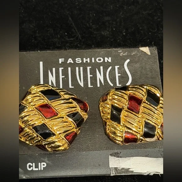 Gold Tone Clip-On Earrings with Red and Black Inlay