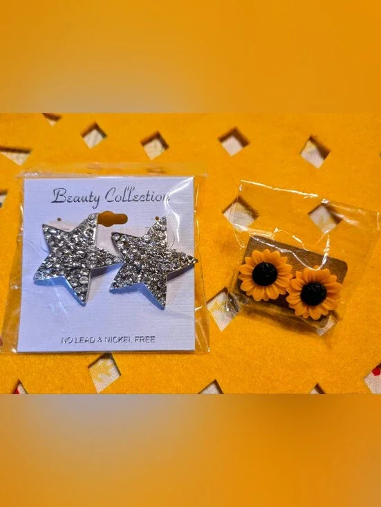 New Silver Star Crystal Earrings and Sunflower Earrings 2 Pair