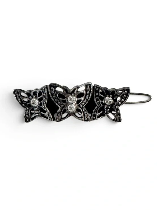 Vintage Filigree Triple Butterfly Antique Silver Metal Rhinestone Hair Barret