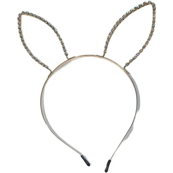 Gold Rhinestone Bunny Ear Headband Iridescent Crystal Party Accessory