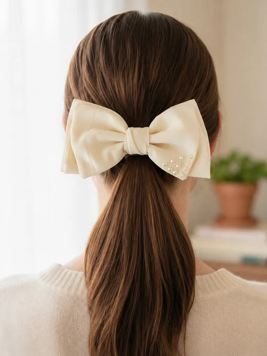 Handmade Pearl-Embellished Cream Satin Bow Hair Clip✨🎀