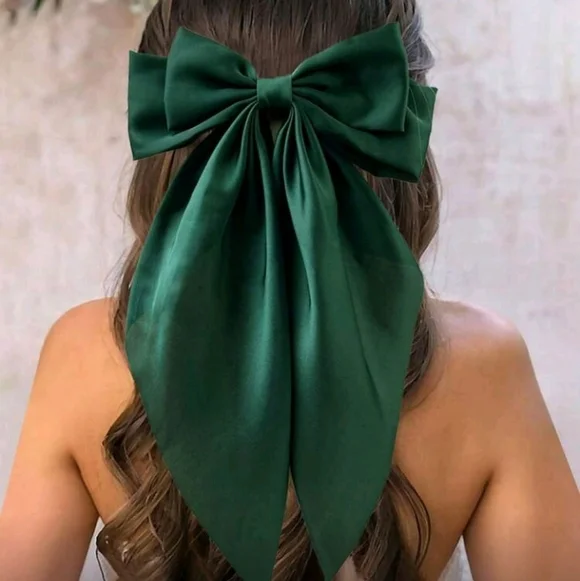 Forest Green Satin Like Large Hair Bow Clip