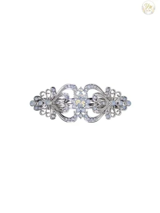 Crystal Floral Hair Barrette Hair Jewelry Clip Platinum Plated