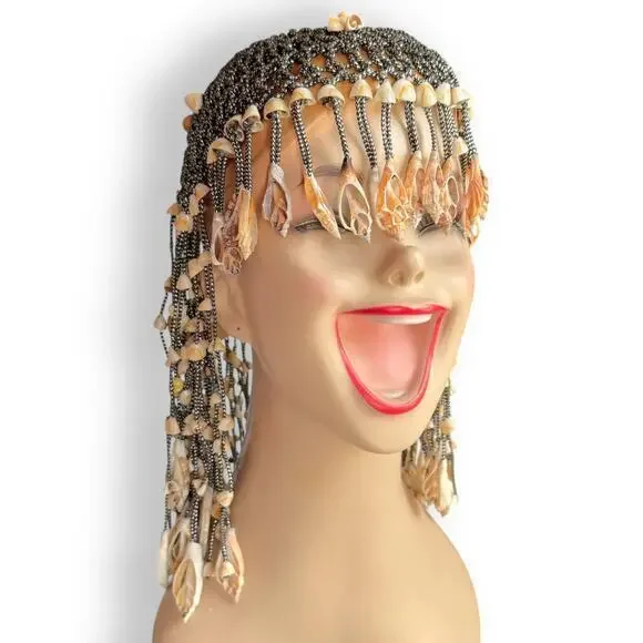 1970s Cleopatra Cowrie Fringe Seashell Egyptian Silver Flapper Headdress Vintage