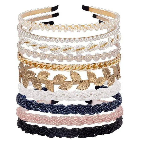 Women Girls Beaded Headbands 10 Pack Pearl Metal Non-Slip Hair Accessories