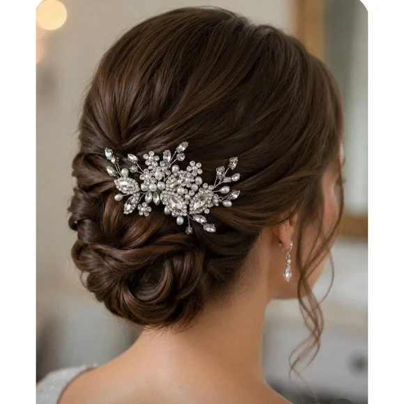 Silver Tone Faux Pearl and Crystal Bridal Hair Comb Floral Wedding Headpiece