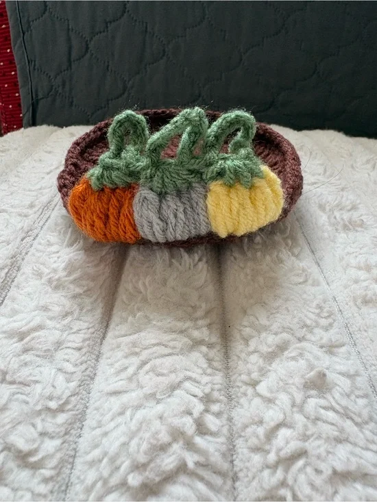 Handmade Brown Crochet Coaster with Orange, Gray, and Yellow Pumpkins
