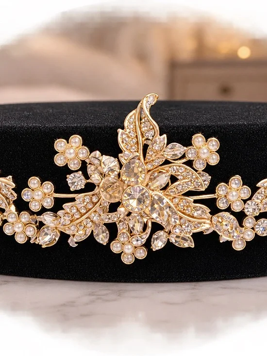 Gold Floral Crystal Hairpiece for Women