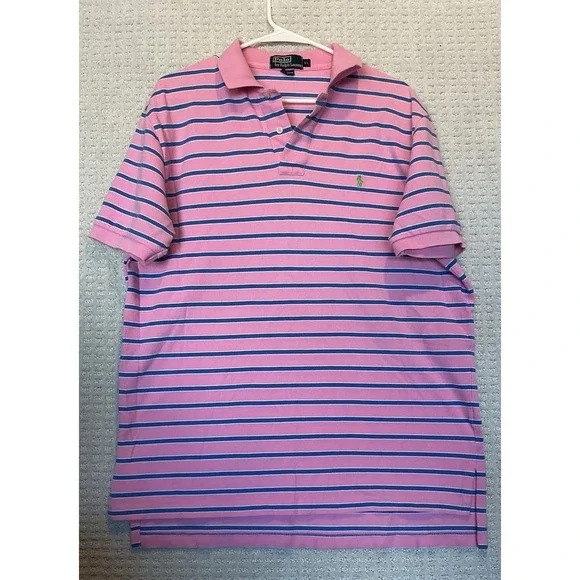 Polo Ralph Lauren Vintage Golf Polo Pink Blue Stripe Textured‎ Cotton XL