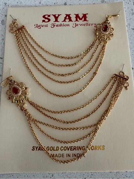 Gold-Tone Multi-Chain with Red Stone for Earring support/Hair Accessories - New