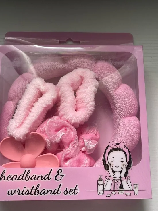 Pink Plush Headband and Wristband Beauty Set