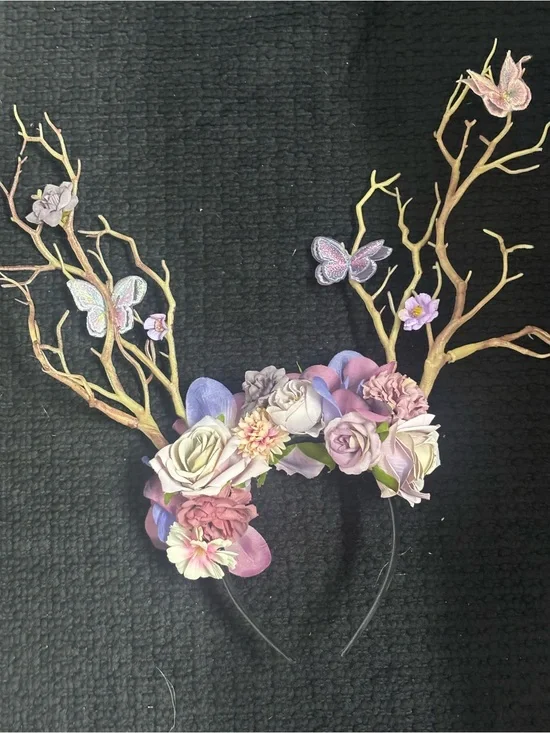 Floral Butterfly Antler Headband in Pastel Pink and Lavender