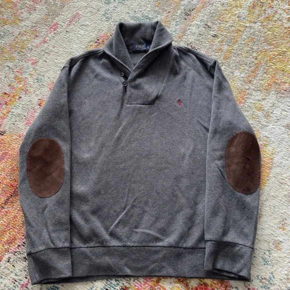 Men Polo Ralph Lauren Pony Shawl Collar Pullover Elbow Patch Sweater XL Gray Vtg