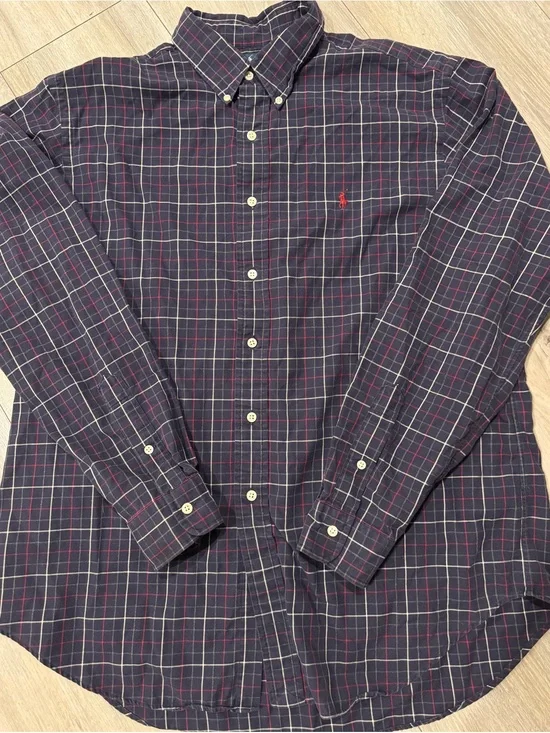 Ralph Lauren Men’s Navy Plaid Button-Down Shirt with Red and White Checks