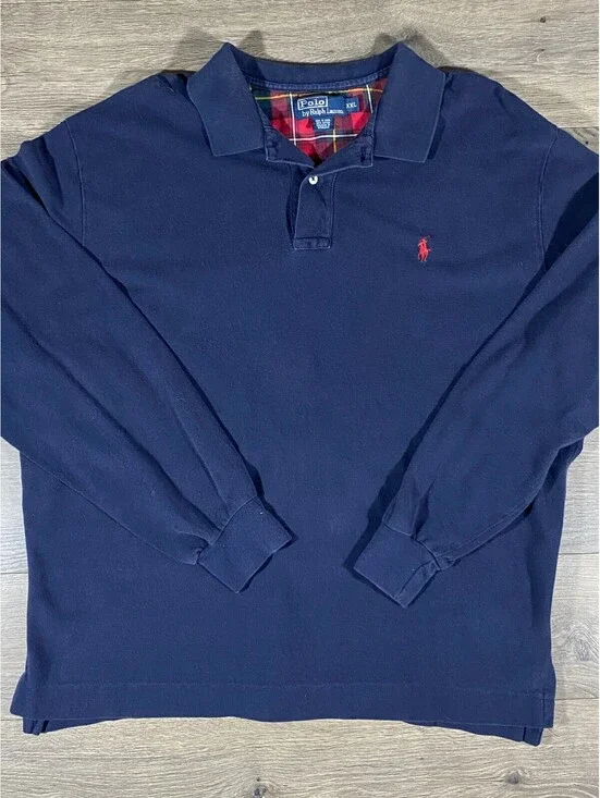 Polo Ralph Lauren Mens XXL Navy Long Sleeve Polo Red Pony Tartan Plaid Collar