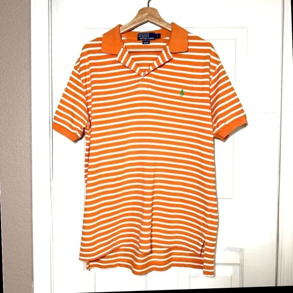 Polo Ralph Lauren Orange and White Striped Green Pony Short Sleeves Shirt Size L