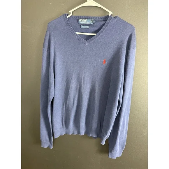 Polo Ralph Lauren Sweater Mens Size L Navy Blue Pima Cotton V‎ Neck Long Sleeve