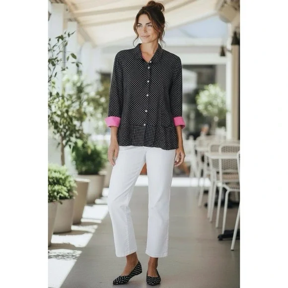 VTG Ralph Lauren Blouse Top Polka Black White‎ Dot 3/4 Sleeve Retro Preppy Sz 16