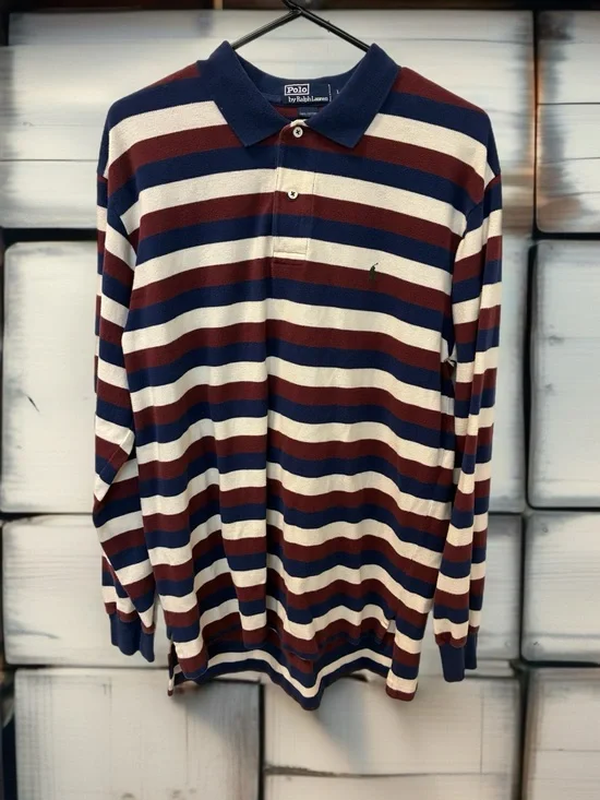 Ralph Lauren Men's Long-Sleeve Striped Polo - Navy, Maroon, Cream Size L