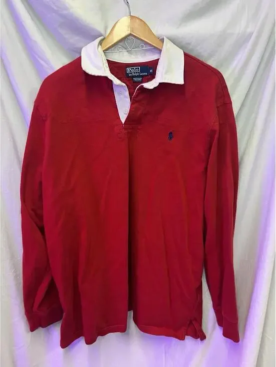Polo by Ralph Retro Red Polo Shirt White Collar Navy Pony Preppy XL Vintage