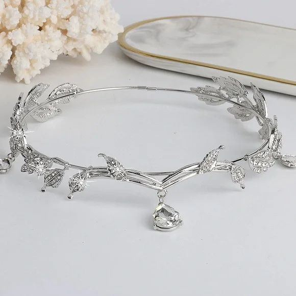 Vintage Silver Leaf Tiara with Clear Crystal Drop