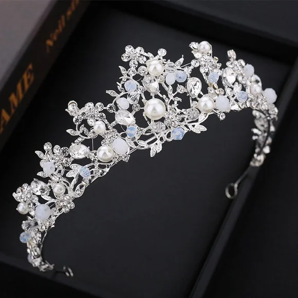 Pearl tiara crown party floral crystal hair accessories