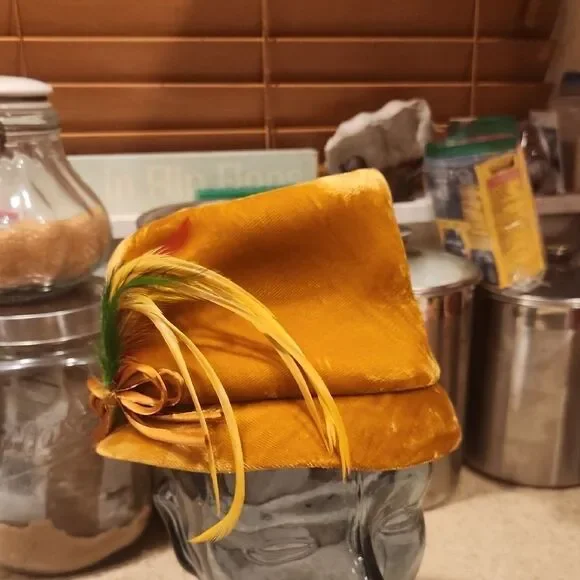 Vintage Gold Velvet Hat with Feather Accent Union Made